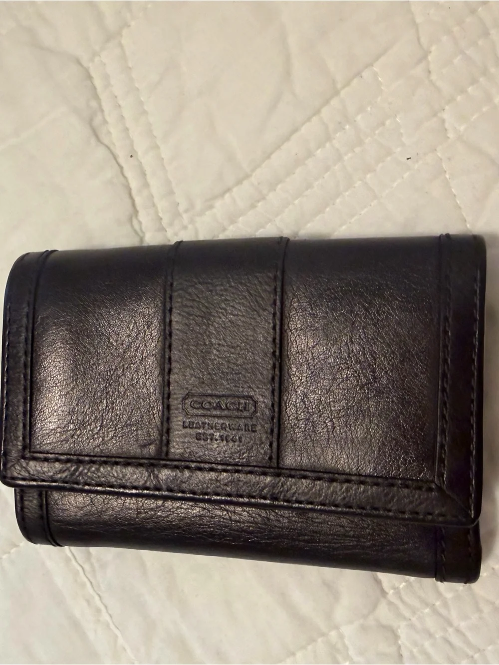 Coach Hampton Black Leather Trifold Wallet with Embossed Logo